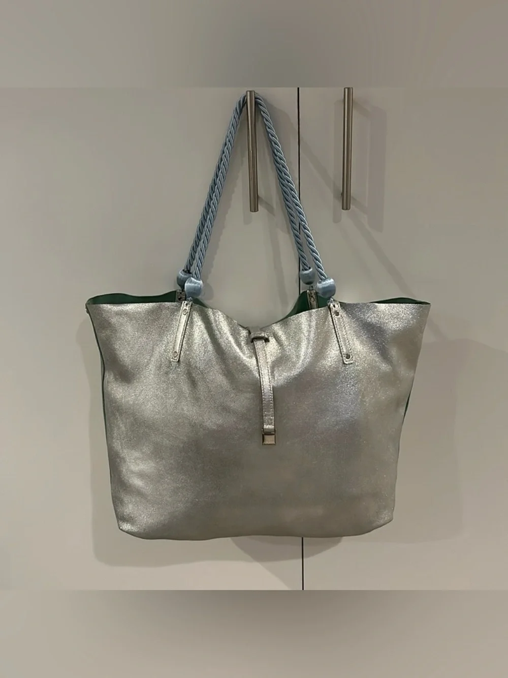 Tiffany & Co. Green Suede/Silver Metallic Reversible Tote with Silver Accents